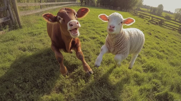 Cow playing with a lamb in an open green space.