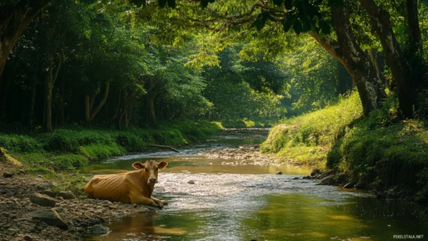 Cow relaxing beside a slow stream with green tree.