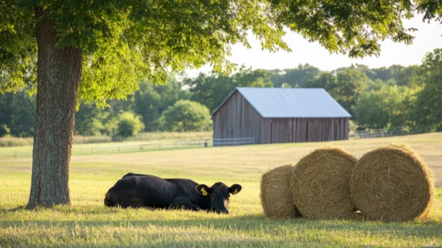 Cow relaxing near hay bales on a rustic farm.