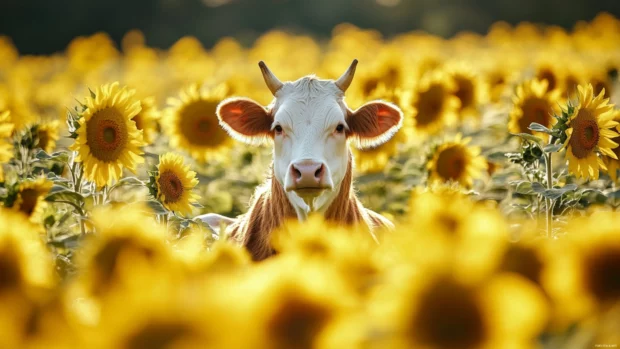 Cow sitting in the middle of a field of sunflowers.