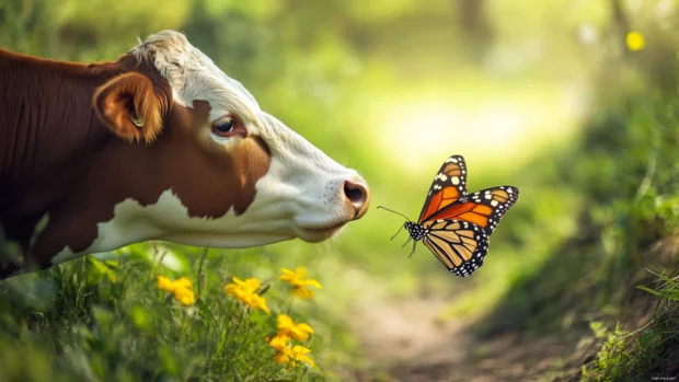 Cow sniffing a butterfly on a field path.