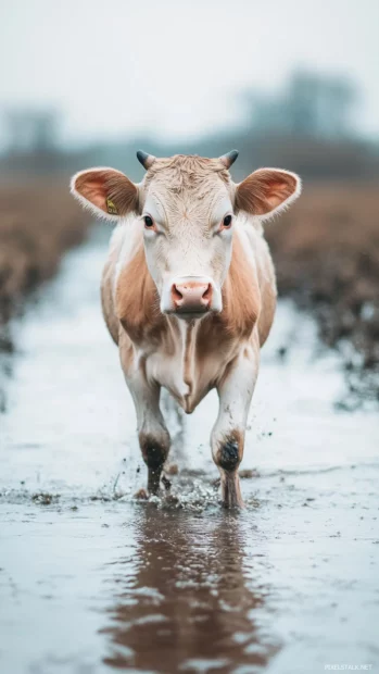 Cow splashing in a puddle during pastel rain.