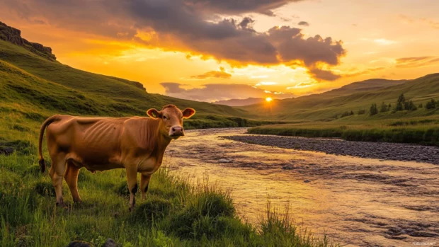Cow standing beside a winding river under sunset sky.