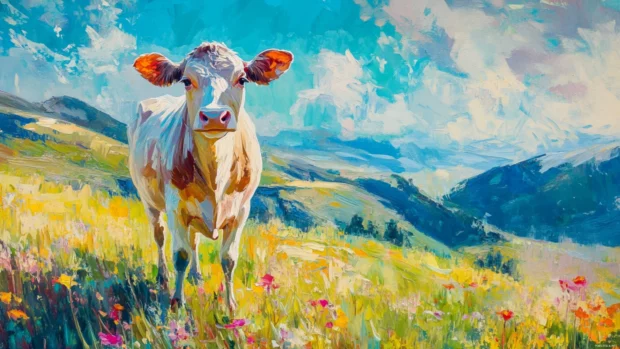 Cow standing calmly on a vibrant spring hillside.