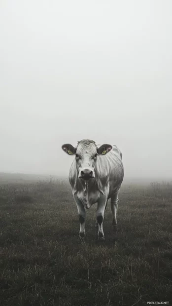 Cow standing still during foggy morning in pasture.