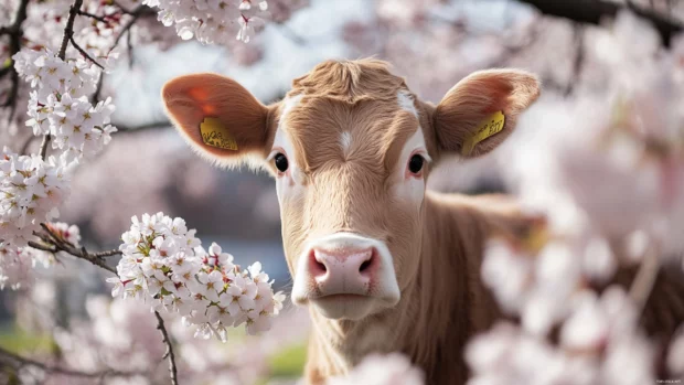 Cow standing under cherry blossom trees.