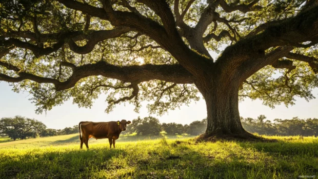 Cow standing under large oak tree.