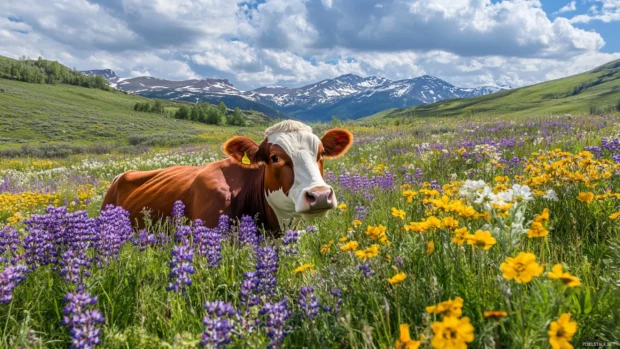 Cow surrounded by blooming wildflowers in spring.