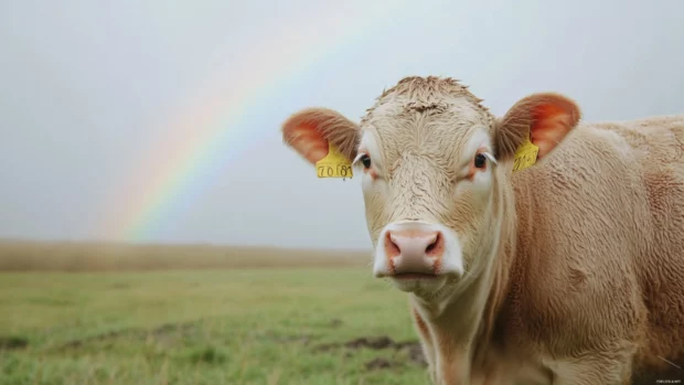 Cow under gentle rain with rainbow forming behind.