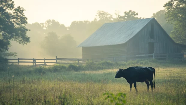 Cow wandering near an old barn with morning dew.