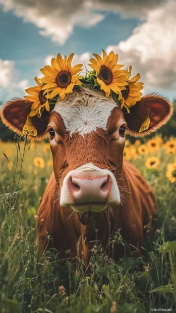 Cow with a sunflower crown in a dreamy field.