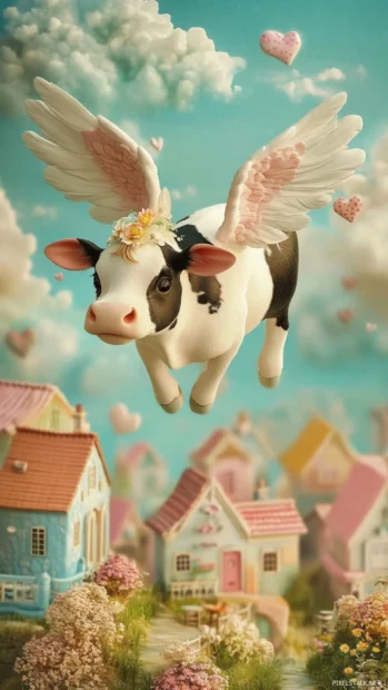 Cow with angel wings flying over a pastel village.