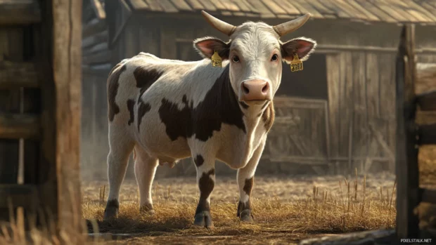 Cow with ear tag standing in rustic barnyard.
