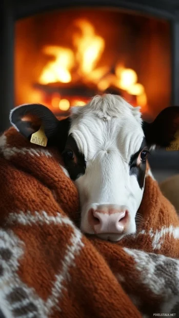 Cow wrapped in a blanket beside a fireplace.