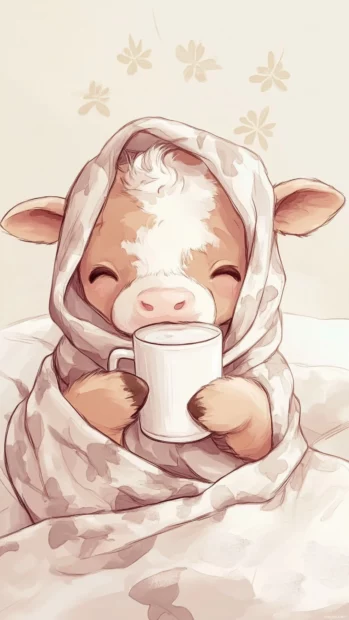 Cow wrapped in a blanket sipping milk in this Chibi Cow wallpaper.