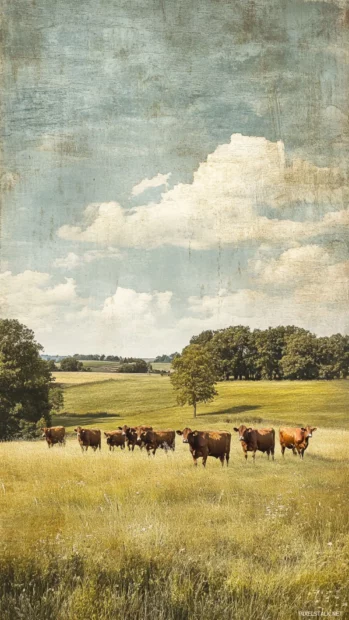 Cows forming a single file line through a quiet meadow.
