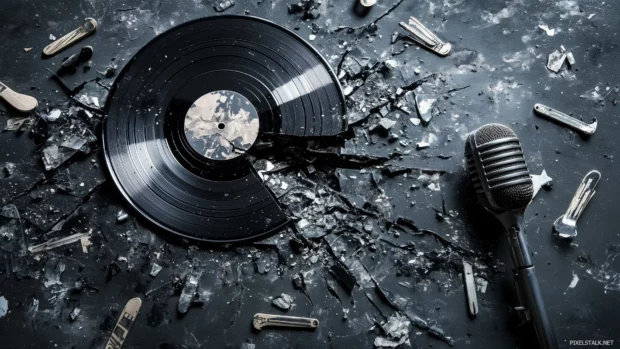 Cracked vinyl record rock music graphics dramatic image scattered guitar picks old microphone nostalgic rock vibe.