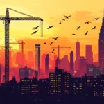 Cranes and towers silhouette against a vibrant New York City sunrise.