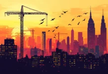 Cranes and towers silhouette against a vibrant New York City sunrise.