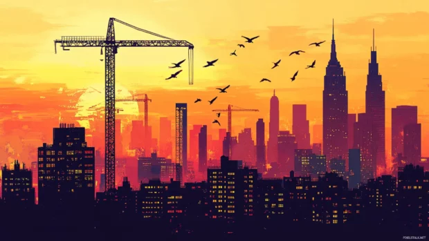 Cranes and towers silhouette against a vibrant New York City sunrise.