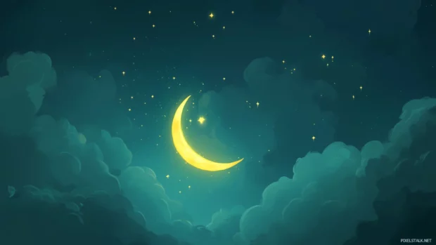 Crescent moon in night sky, soft glow, stars and wispy clouds.