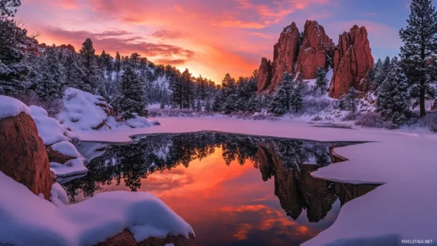 Crimson hues reflect on frosty rocks during a silent sunrise.