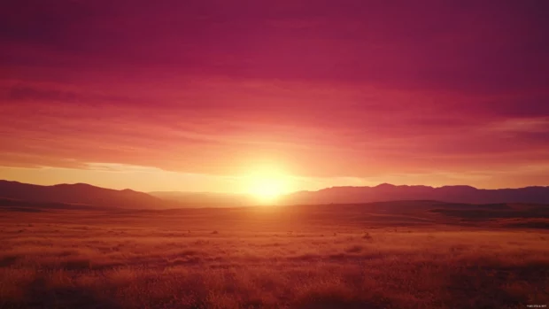Crimson skies crown the dry landscape as the sun rises.