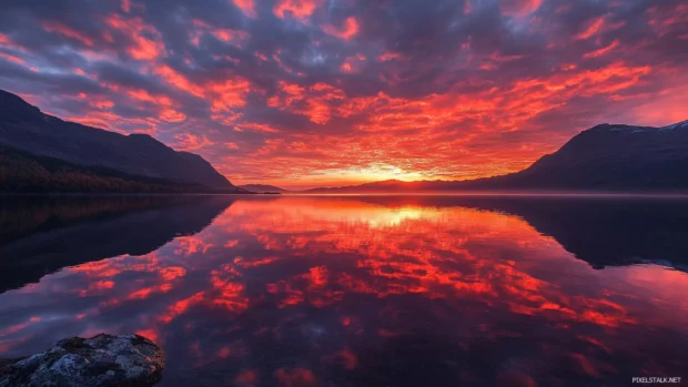 Crimson sky mirrored on the sea surface at dawn.