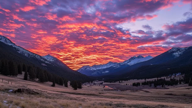 Crimson streaked clouds stretch across the sky as sunrise awakens the mountains.