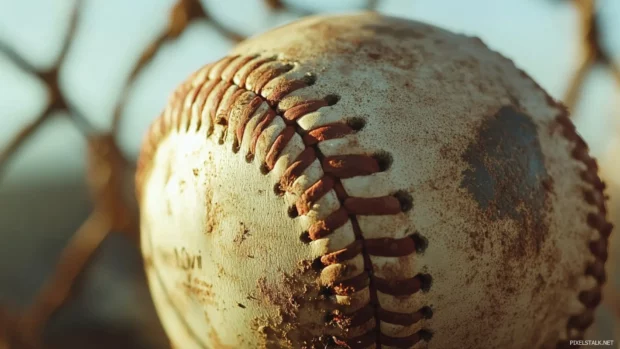 Crisp close up of a baseball on the foul line in soft morning light.