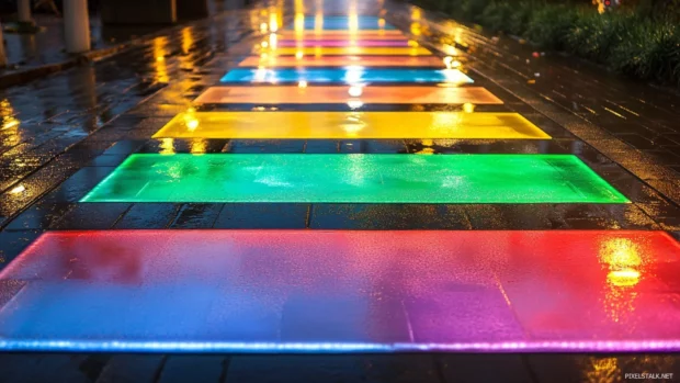 Crosswalk painted with city light reflections in rain.