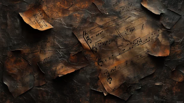 Crumpled and aged sheet music sheets artistic arrangement scattered across textured background hints of ink stains and musical notes peeking through.