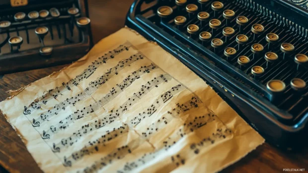 Crumpled sheet music lying beside a vintage typewriter.