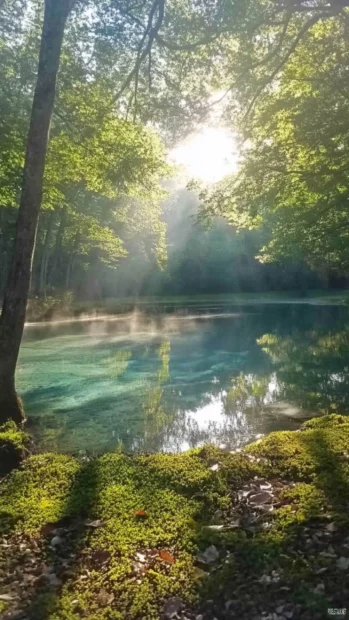 Crystal river glistening beneath the sunrise haze.