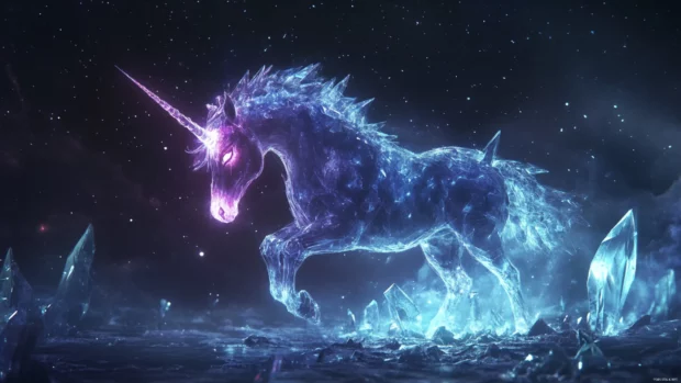 Crystal shards reflect starlight around the unicorns glowing form.