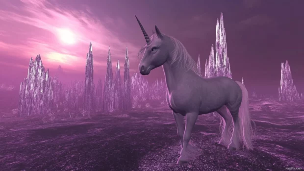 Crystal spires rise behind the unicorn under a violet sky.