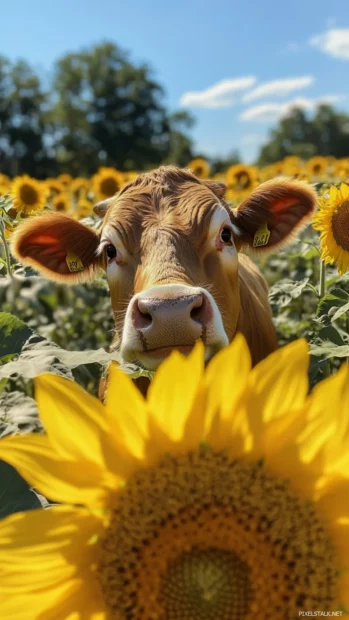 Curious cow peeking from sunflowers in this farm cow iPhone image.