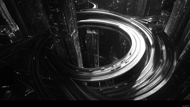 Curved roads wrap around the base of the dark citys tallest buildings.