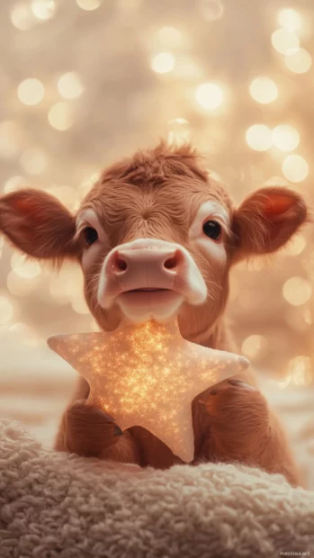 Cute Cow holding a star shaped pillow in soft lighting.