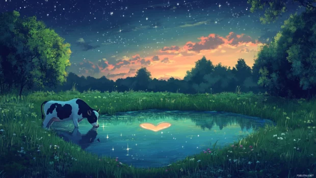 Cute Cow playing near a heart shaped pond with stars in the sky.