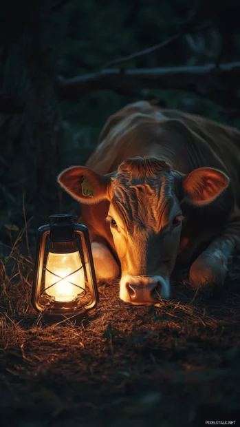Cute Cow resting under a glowing lantern at night.