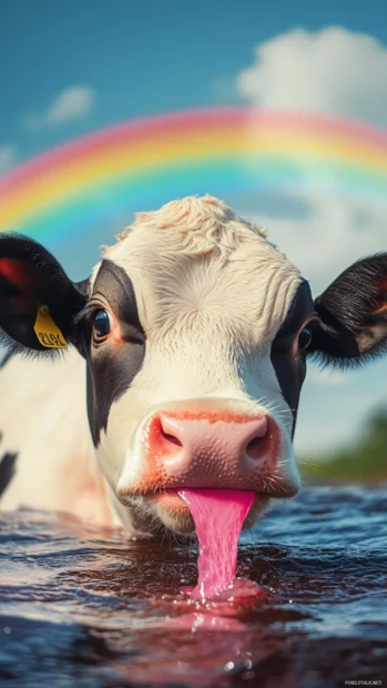 Cute Cow sipping strawberry milk under a rainbow.