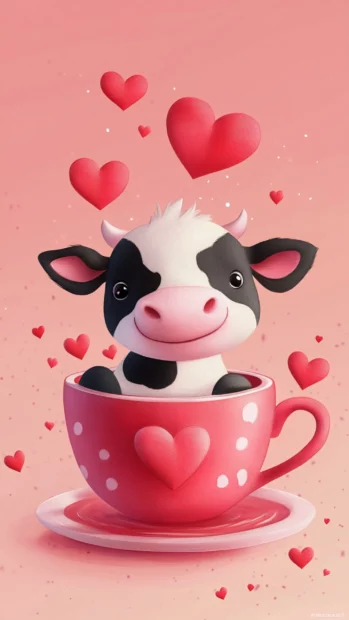 Cute Cow sitting in a cup of tea with a heart swirl.