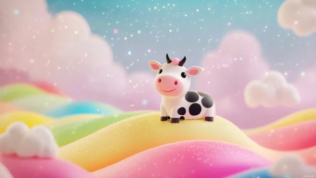 Cute Cow sitting on a candy colored hill with rainbow sparkles.