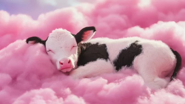 Cute Cow sleeping peacefully on a fluffy pink cloud.