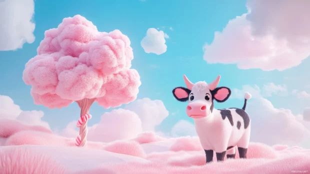 Cute Cow standing beside a cotton candy tree under pastel clouds.