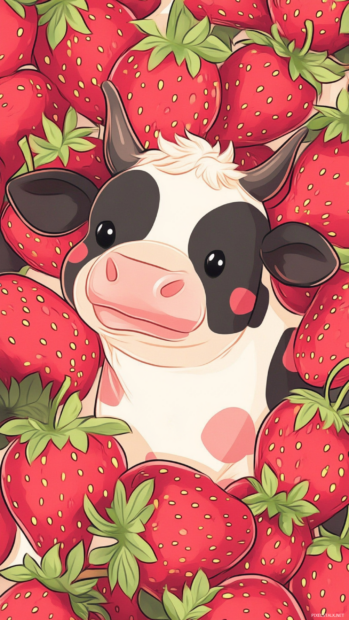 Cute Cow wallpaper showing a kawaii cow surrounded by strawberries.