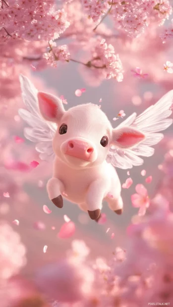 Cute Cow with tiny wings flying among cherry blossoms.