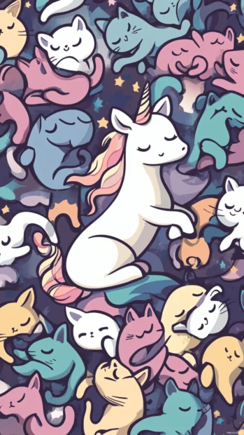 Cute Kawaii unicorn background where unicorn naps with tiny kittens.