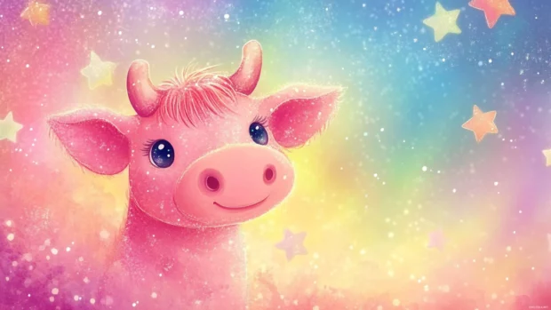 Cute Pink Cow illustration with sparkly stars and rainbow sky.
